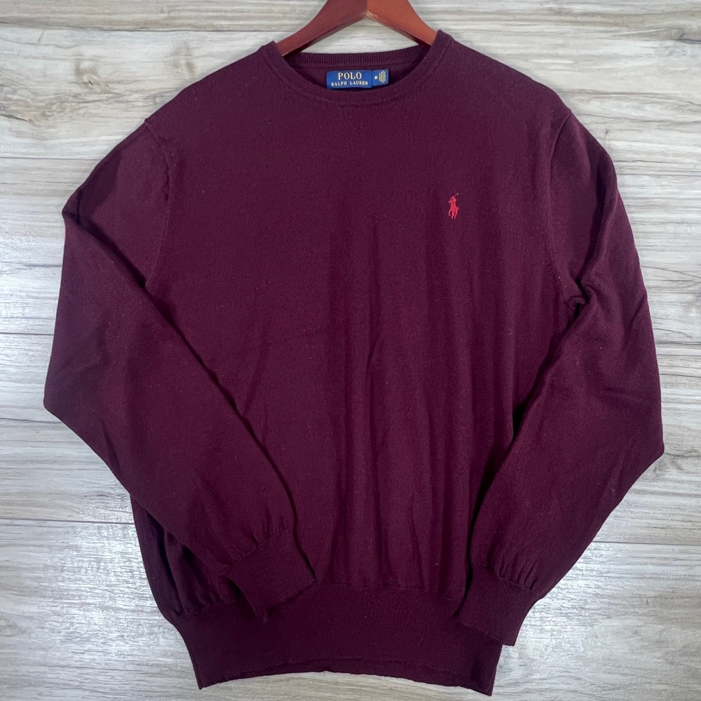 Polo Ralph Lauren Sweater Mens M Burgundy Washable Merino Wool Crewneck Pony